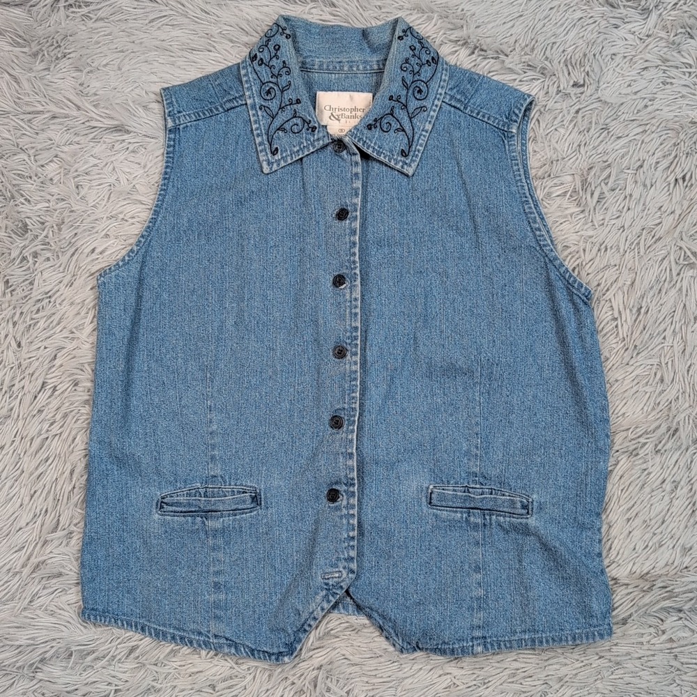 Christopher & Banks Vest Womens S Blue Denim Pockets Button Up Floral Embroidery